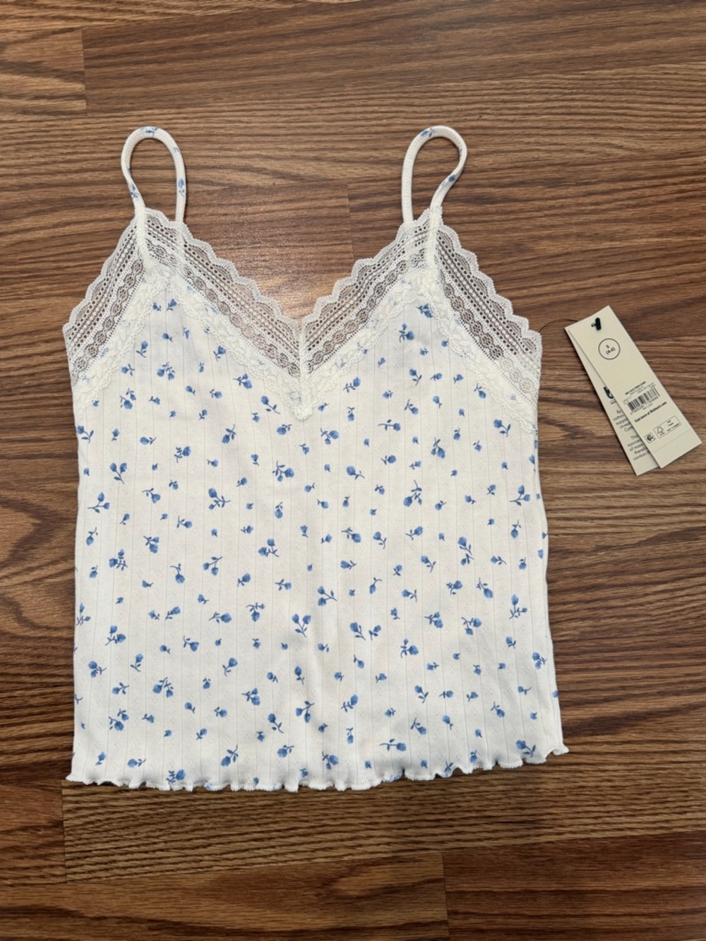 Lace-Trim White Floral Cami Tank Crop Top - Blue Floral